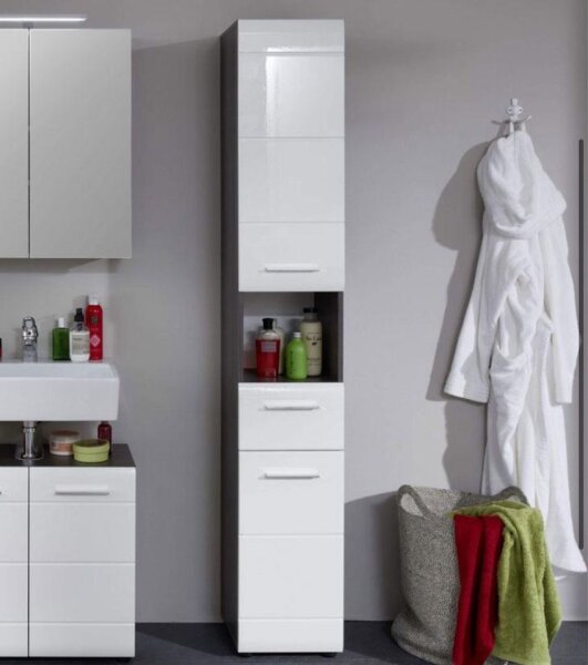 Hochschrank LINE weiß Hochglanz und Sardegna rauchsilber